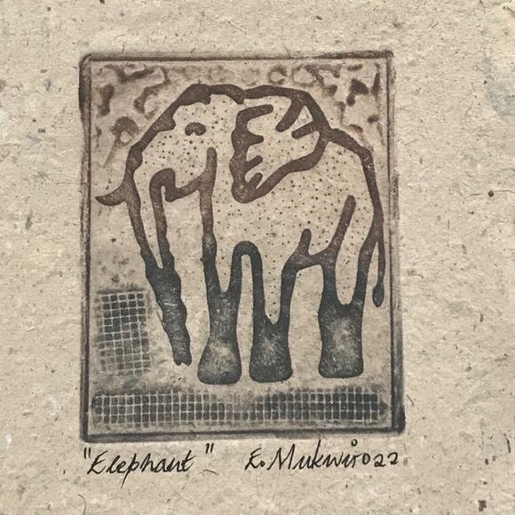 African Animal Print Etchings on Handmade Paper by Mukwiro Elephant & Wildbeast - Picture 2 of 8